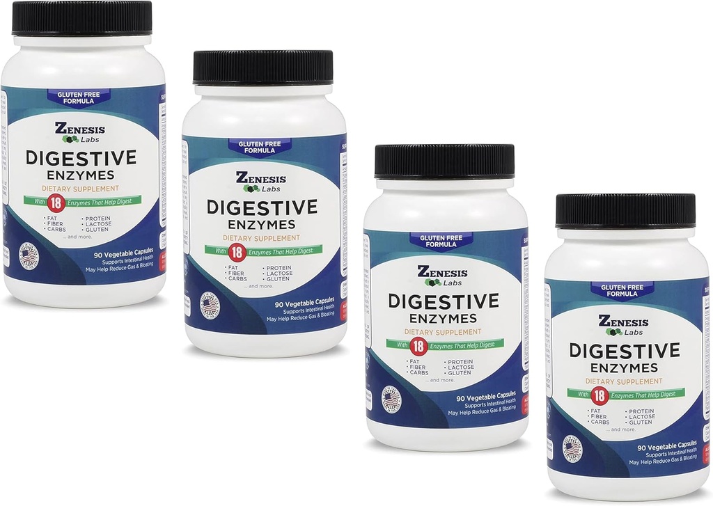 Zenesis Labs Enzime digestive - cu Amylase, Bromelain, Protează, Lipază & 14 Alte enzime vrac 360 capsule de aprovizionare (4 Set flacon - 90 capsule/Botter)