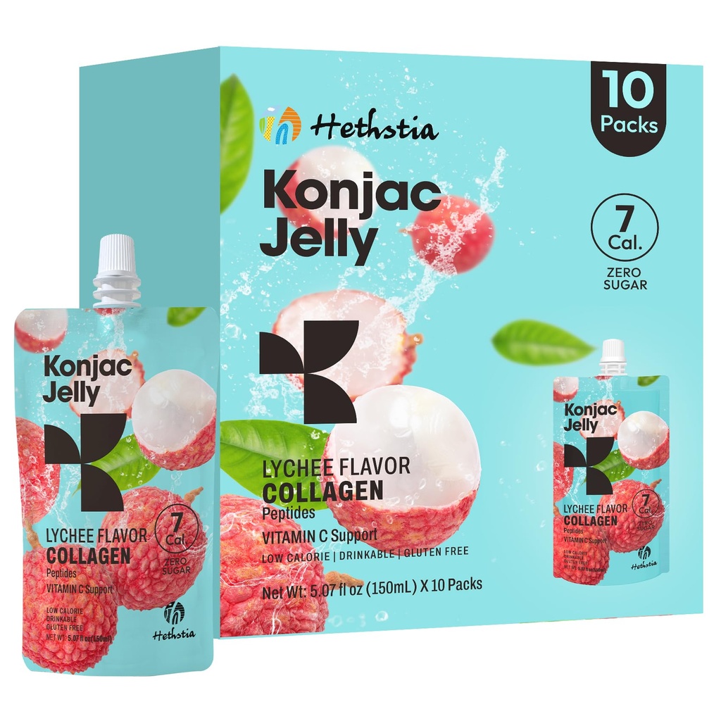 Hethstia Konjac Jelly, Lychee Konjac Jelly 10 pungi cu Colagen Peptides, Litchi Litchi Low Calorie Drinkable Jello, Vitamina C Snacks, Sugar Free, Keto, Gluten-Free, Cadouri alimentare sănătoase