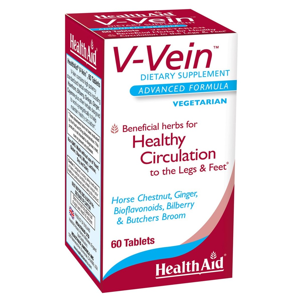 HealthAid V-Vein, Nutrients benefice pentru circulatia sanatoasa pentru picioare si picioare, 60ct, Once Daily, Contine Ginkgo, Seminte de struguri, Vitamina C si Bilberry, Vegan