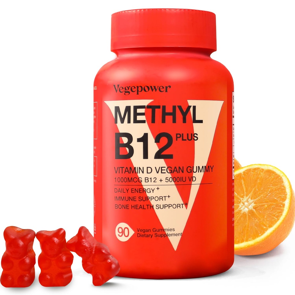 Vitamina B12 D3 Gumiile Vegane - 90 Număr I 1000 MCG Metil B12 & 5000 UI Vitamina D Gummy Suplimente masticabile pentru adulți și copii - Immune Health & Daily Energy Boost - Non-GMO, Orange