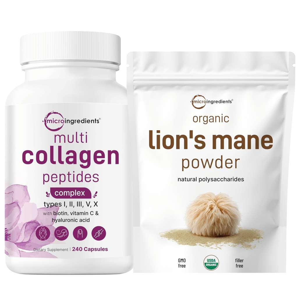 Micro Ingrediente Multi Collagen Complex & Lions Mane supliment Mușuroom pulbere Bundle 2 Pachet 