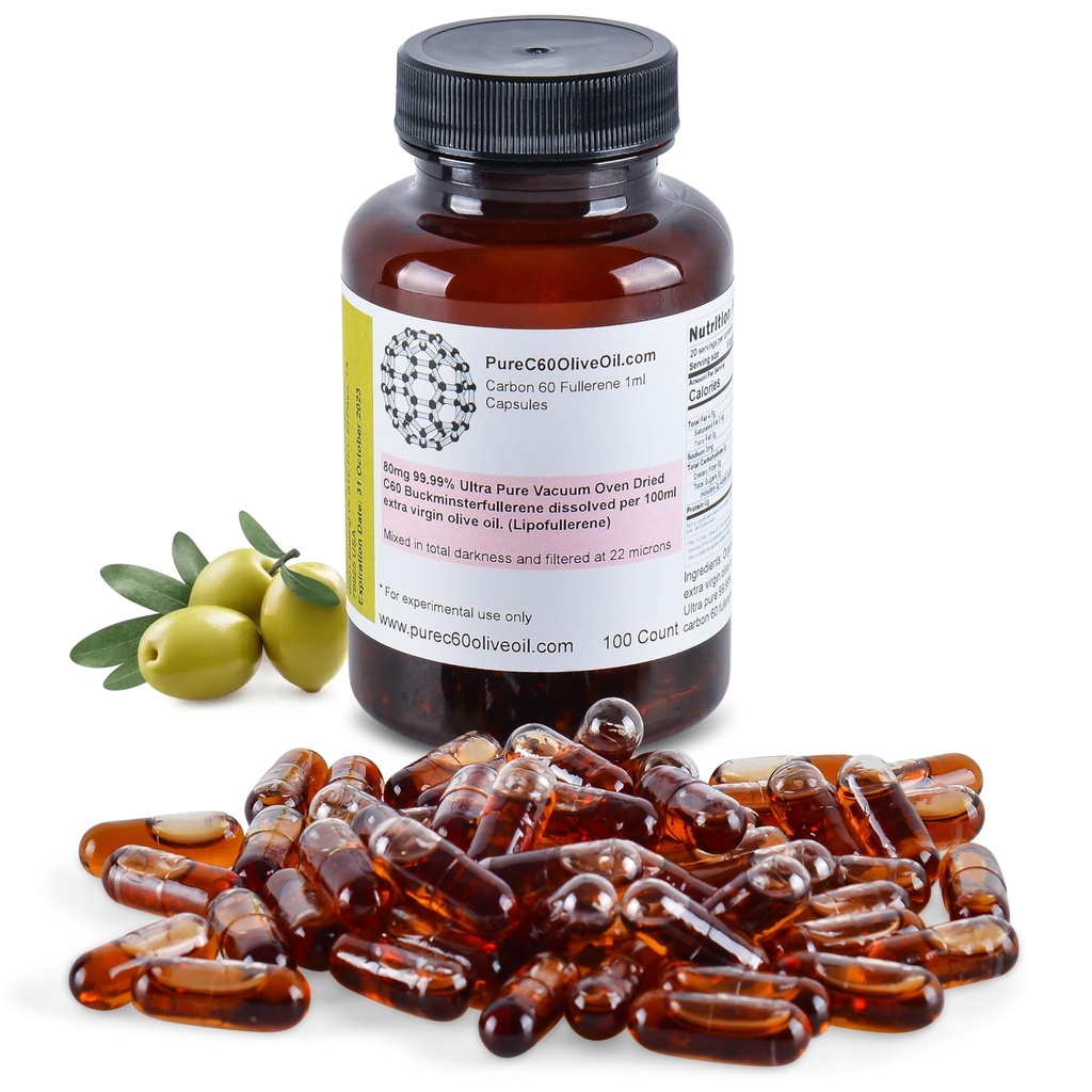 PureC60OliveOil C60 Organic Olive Capsule de ulei de măsline pastile 100ml / 3.4 Fl Oz - 99.99% Carbon 60 Solvent Free 80mg - Produse alimentare Grad - Carbon 60 Ulei de măsline - De la producătorul mondial lider