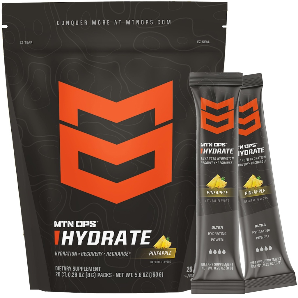 MTN OPS Hydrate Electrolytes Powder Drink Mix, 20 Double Serving On-The-Go Electrolyte Packs with Peste 1000mg of Electrolytes per Serving, Ananas