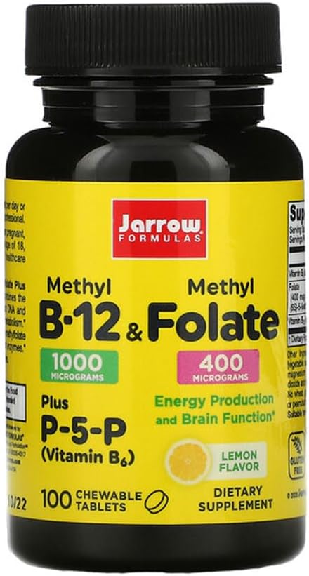 Jarrow Formulas Metil B-12 & metil Folate - 100 comprimate masticabile, Lemon - Pachet de 2 - Vitamina bioactiva B12 & B9 - Suportă producerea de energie, funcţia creierului şi metabolismul - 200 Serviri totale