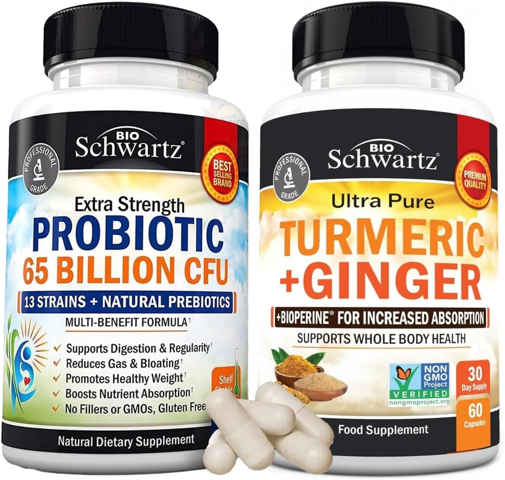 Curcumina si Suplimentul de ghimbir organic (1 lună de aprovizionare) Plus 65 miliarde CFU supliment zilnic probiotic (1 lună de aprovizionare)