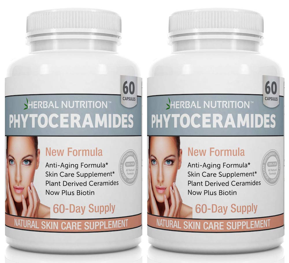 Fitoceramide Rice bazat cu Biotin Anti Aging Supliment, Remover riduri și hidratare facială cu fitoceramide Vitamina A, C, D și E, Două Pack flacon, 120 capsule 40mg, Gluten gratuit