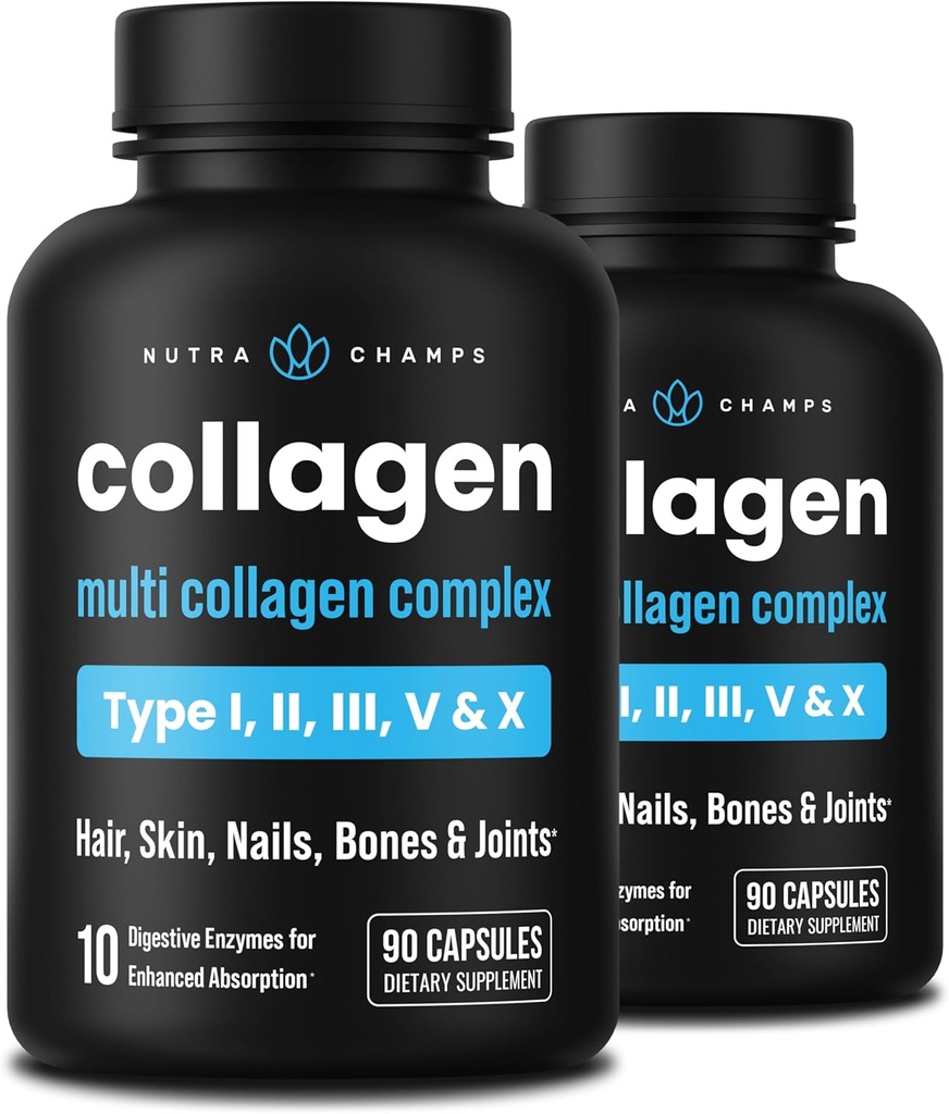 NutraChamps Multi Colagen Pastile, Tipurile I,II,III,V,X, Dublu Hidrolized Colagen Peptides capsule pulbere, Suplimentul de proteine pentru femei și bărbați, 180 capsule (Pachet de 2)