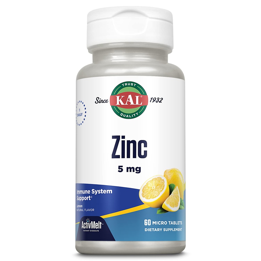 KAL Zinc 5mg comprimate - Suplimente de zinc pentru femei şi bărbaţi, Suport imunitar, Dizolvare rapidă pentru absorbţie optimă, aromă naturală de lămâie, vegetarian - 60 Micro tablete