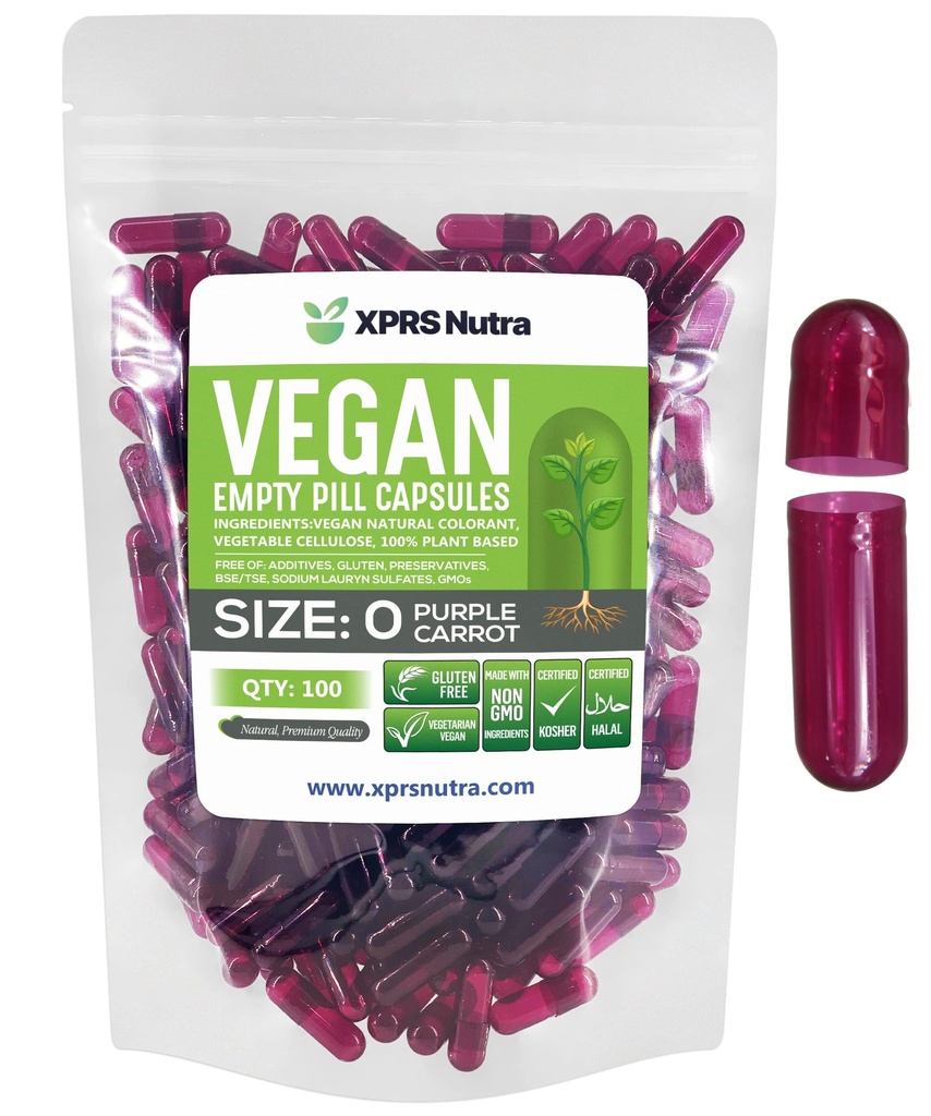 XPRS Nutra Dimensiune 0 Capsule goale - 100 Capsule Vegane goale conte - Pastile vegetariene - Capsule vegetale DIY Umplere - Capse pentru pastile Veggie pentru a face-Toţi Suplimentele (Morcov purpuriu)