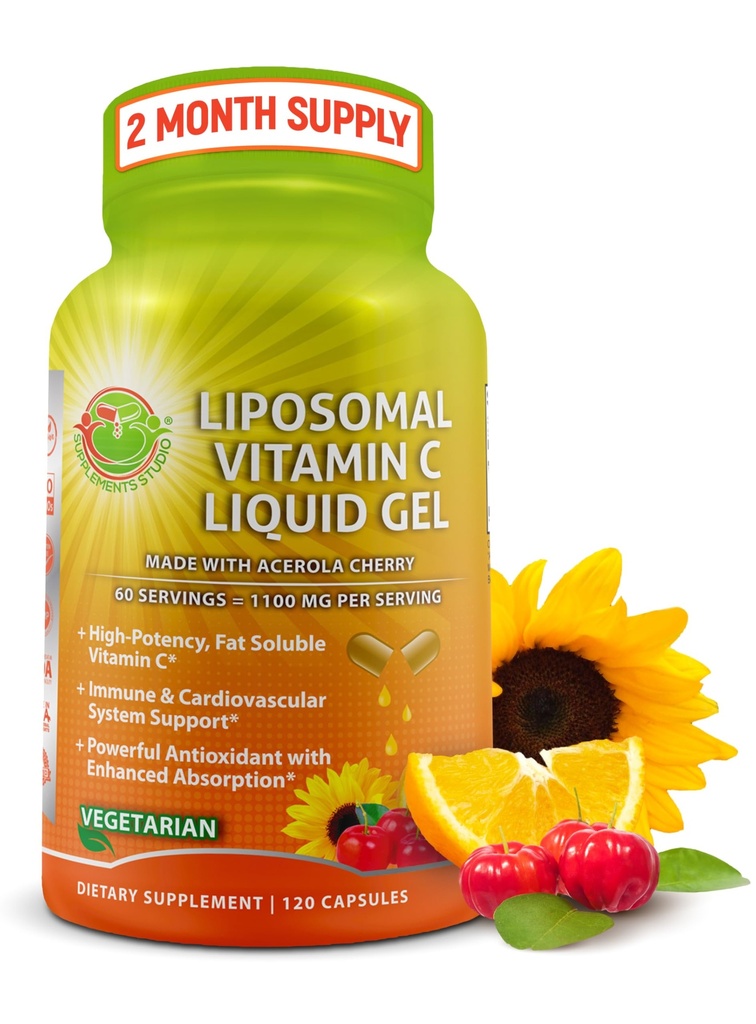 Capsule lipozomal Vitamina C Gel lichid - 1100 mg - Made with Organic Acerola Cirese, High Potenta Vitamina C Liposozomal Immune Supplement with Enhanced Absorbtion & Biodisponibility - 120 count
