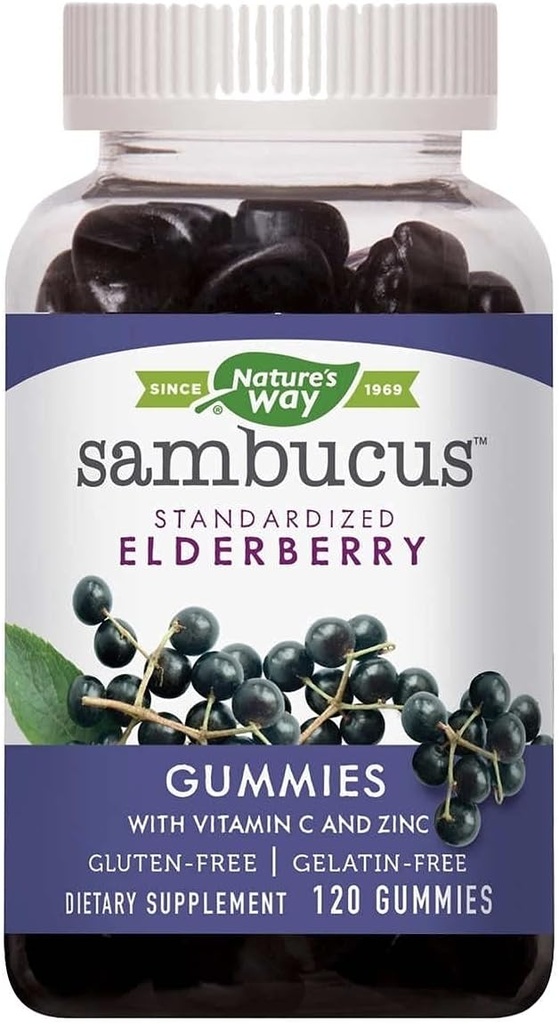 Natura's Way Sambucus Elderberry cu vitamina C și zinc, 120 Gume