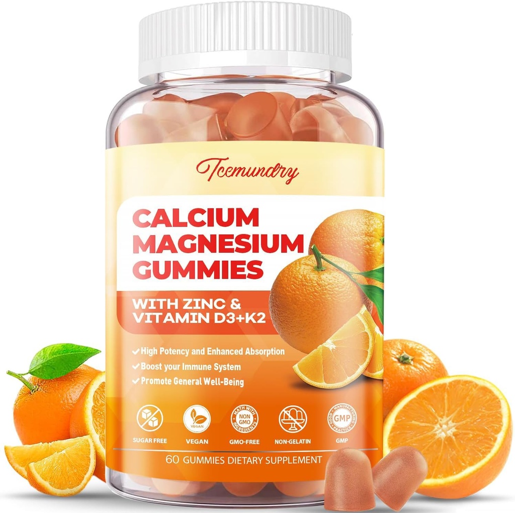 Calciu magneziu Gume de zinc cu vitamina D3 & K2 - absorbtie mare Magneziu Glicinat 400mg - Suplimentul de calciu fără zahăr - Suport emoție musculară nervoasă și imunitate - pentru adulți Femei Copii