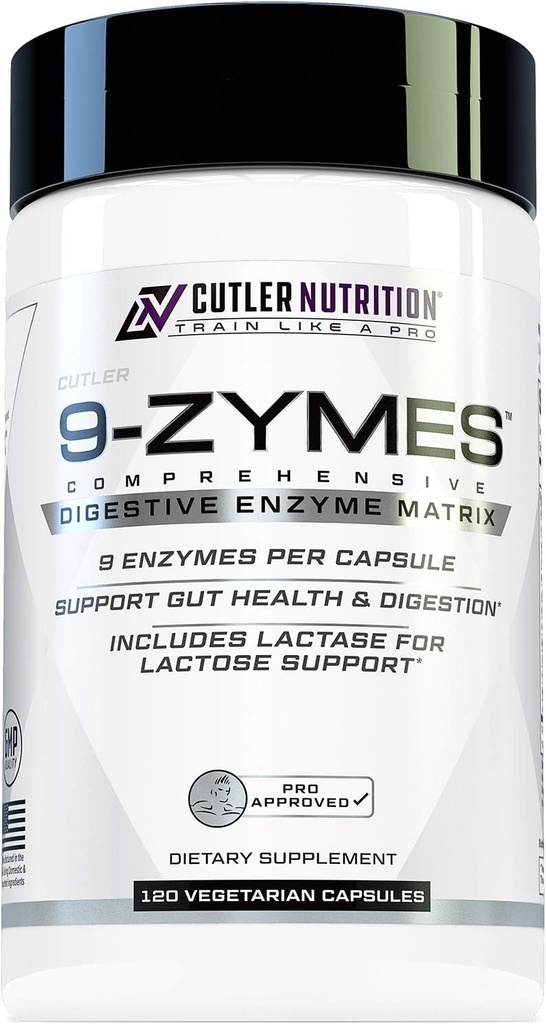 Cutler Nutriție 9-Zymes Digestive Enzyme Supliment: Conține bromelain, Protează, Lipase, Lactase & Mai mult pentru a ajuta la reducerea balonare, îmbunătățirea absorbției și reducerea gazelor, 120 Serviri / Capsule