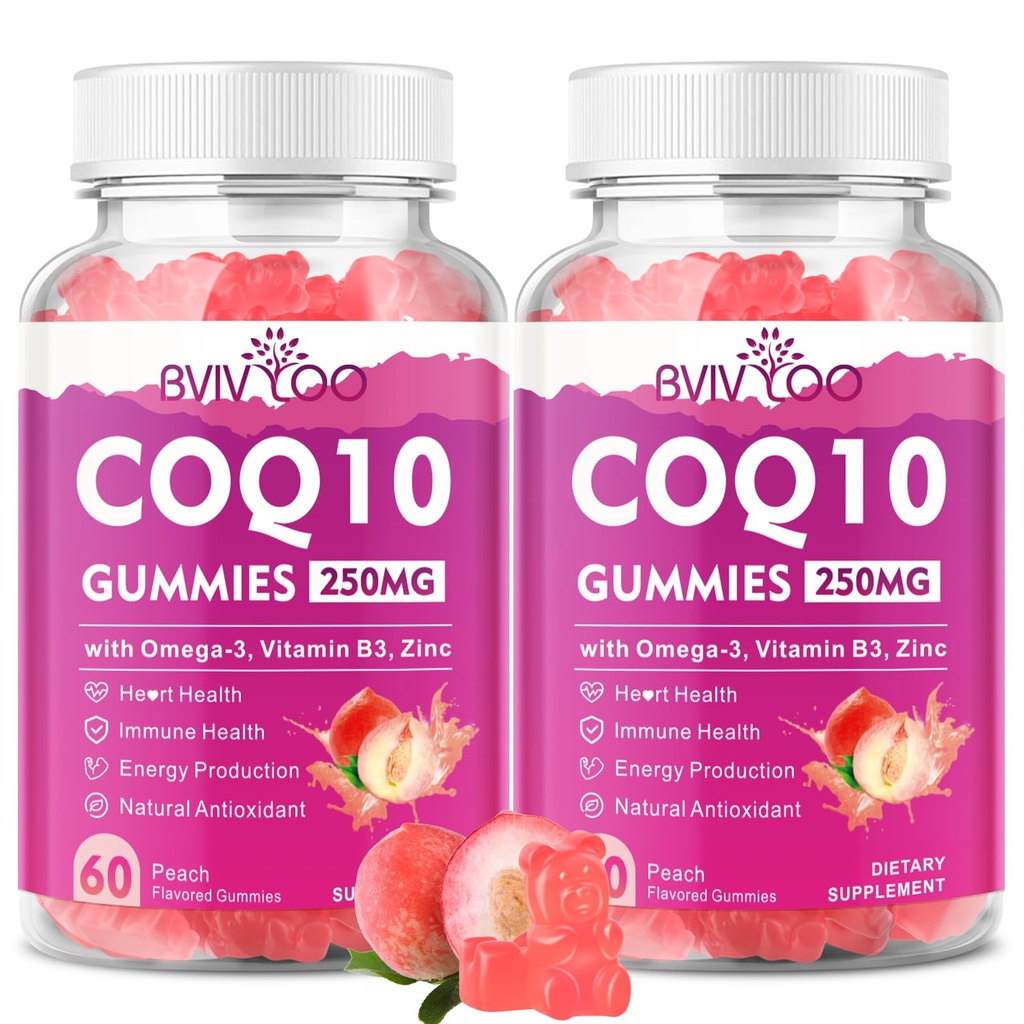 2 Pack CoQ10 Gumries 250mg, Plus Omega-3, Vitamina B3 & Zinc, Magneziu - Coenzime de înaltă absorbție Q10 Suplimente pentru sanatatea inimii, energie celulară, și suport antioxidant, 120 Conte