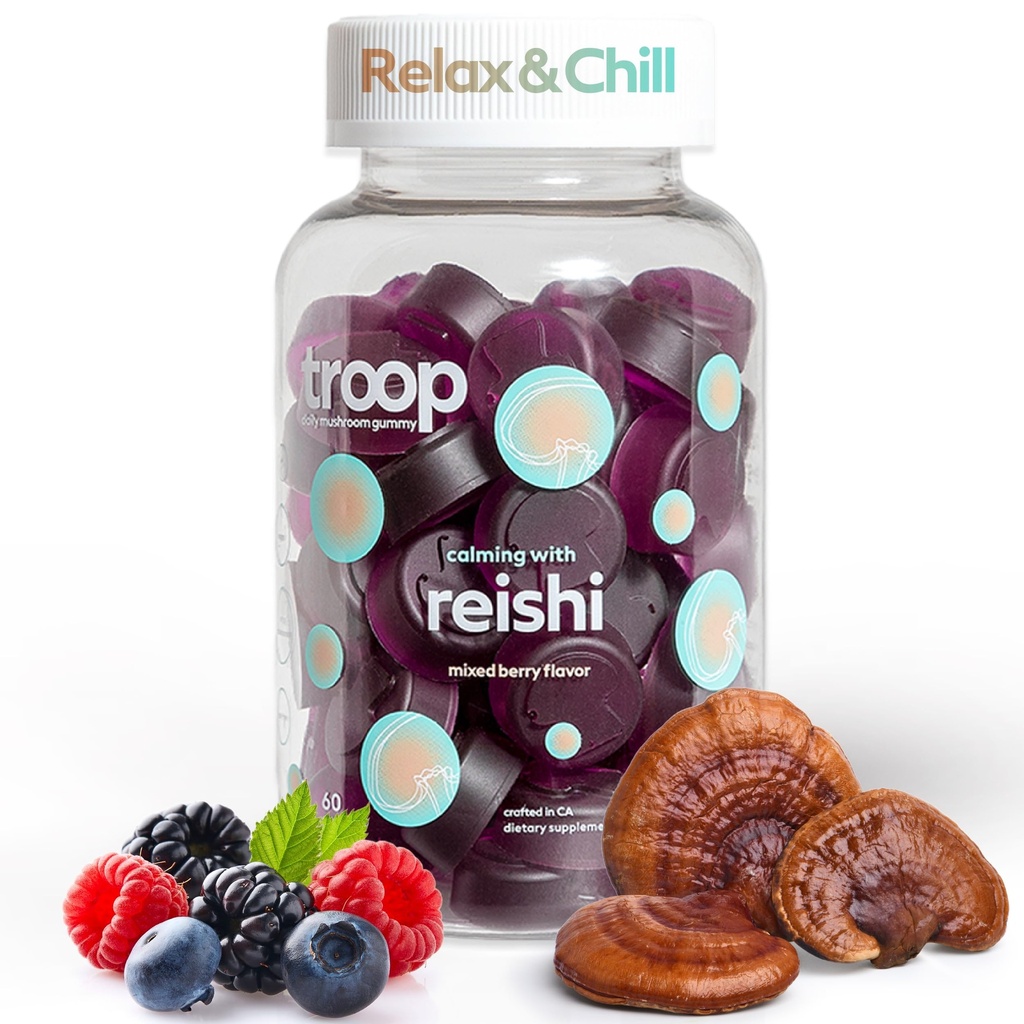 Trupa Reishi Mushroom Gummies - Gumiile calmante pentru adulti si copii - Focus Supliment pentru stres, relaxare, suport imun - 4000 mg Triple-Extracted Fruiting Body - Mixed Berry, 60 Count