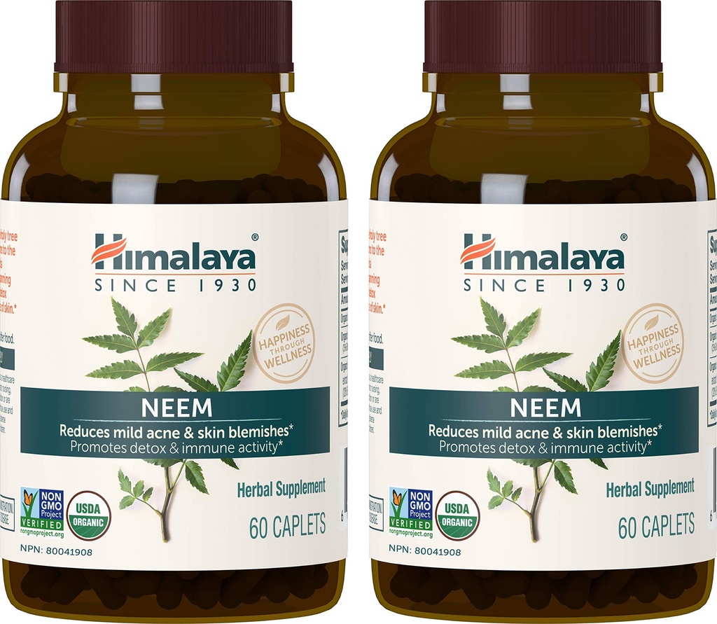 Himalaya Organic Neem Herbal Supplement, for Mild Acnee & Clear Skin, Purification, Ayurvedic, USDA Certified Organic, Non-GMO, Vegan, 600 mg, 60 Plant based Caplets, 2 Pack