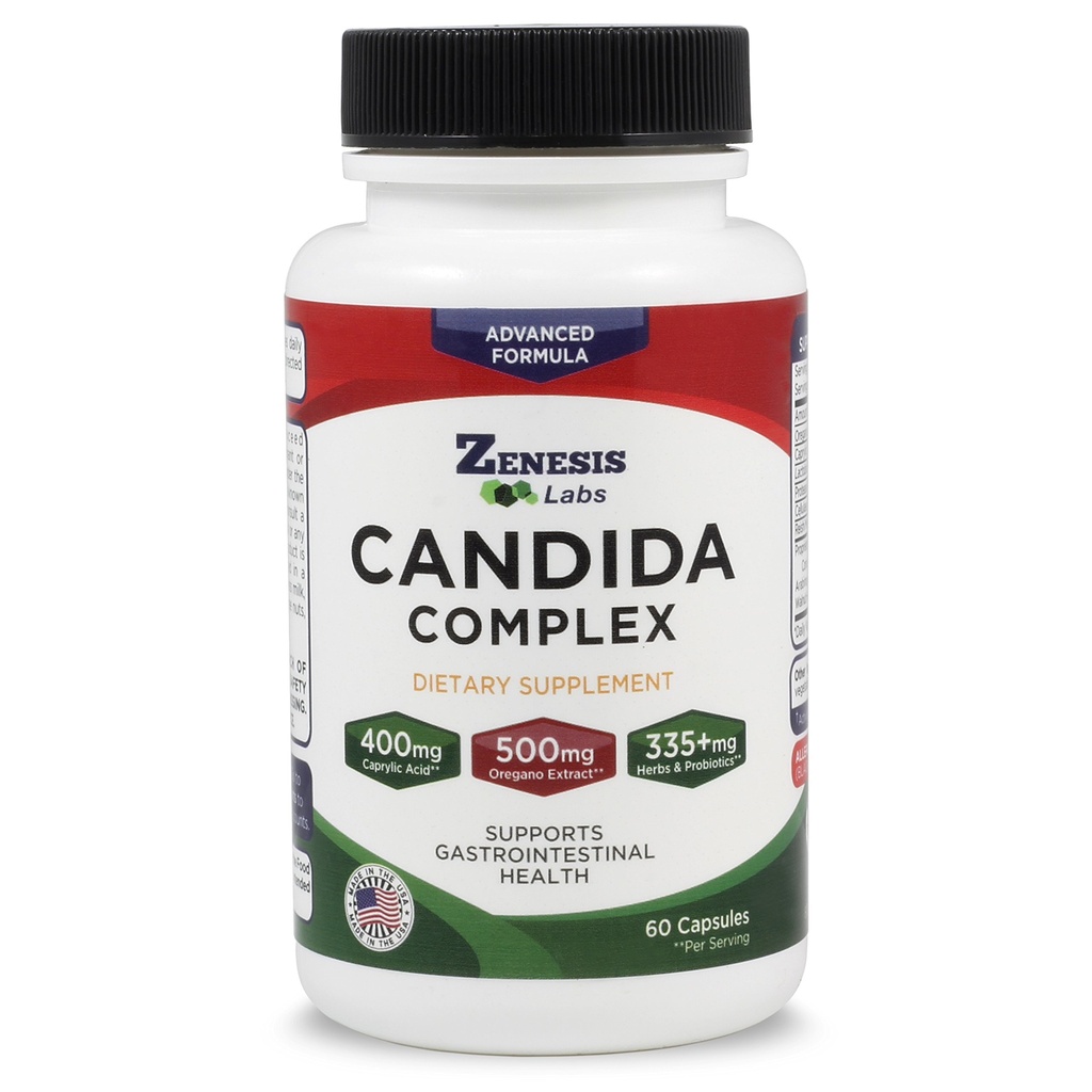 Zenesis Labs Candida Complex Cleanse Detox Acid Caprilic Supliment, Oregano Extract, Probiotice, Enzime (60 capsule, 30 zile de aprovizionare)