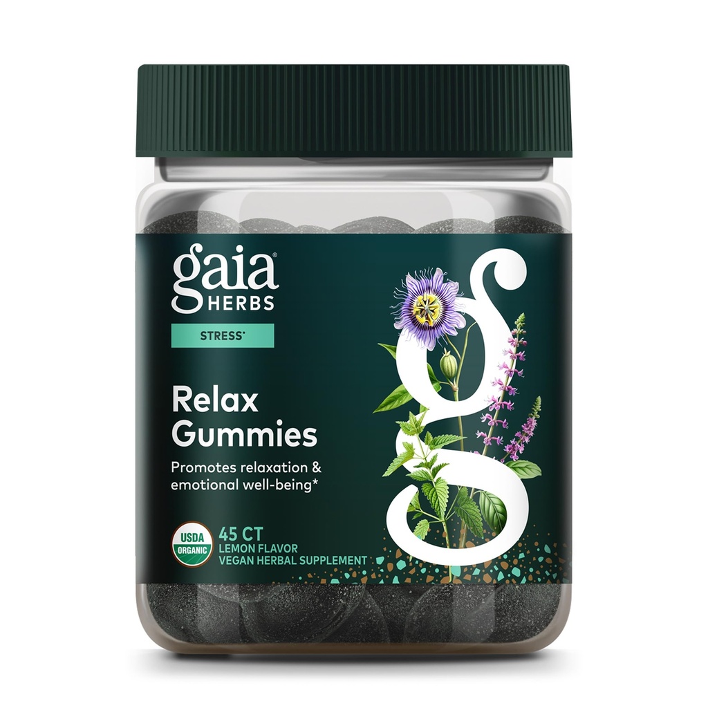 Gaia Herbs Relax Gummies - Sprijină sentimente calme - cu concentrat de suc organic de mere și suc de lămâie - 45 gume (15 serviri)