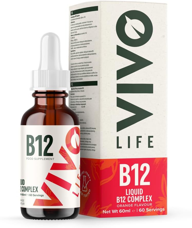 Vivo Life - Complex de vitamina B12, supliment de sanatate de mare potenta, Aroma de portocale picaturi lichide, 60ml, 60 de serviri