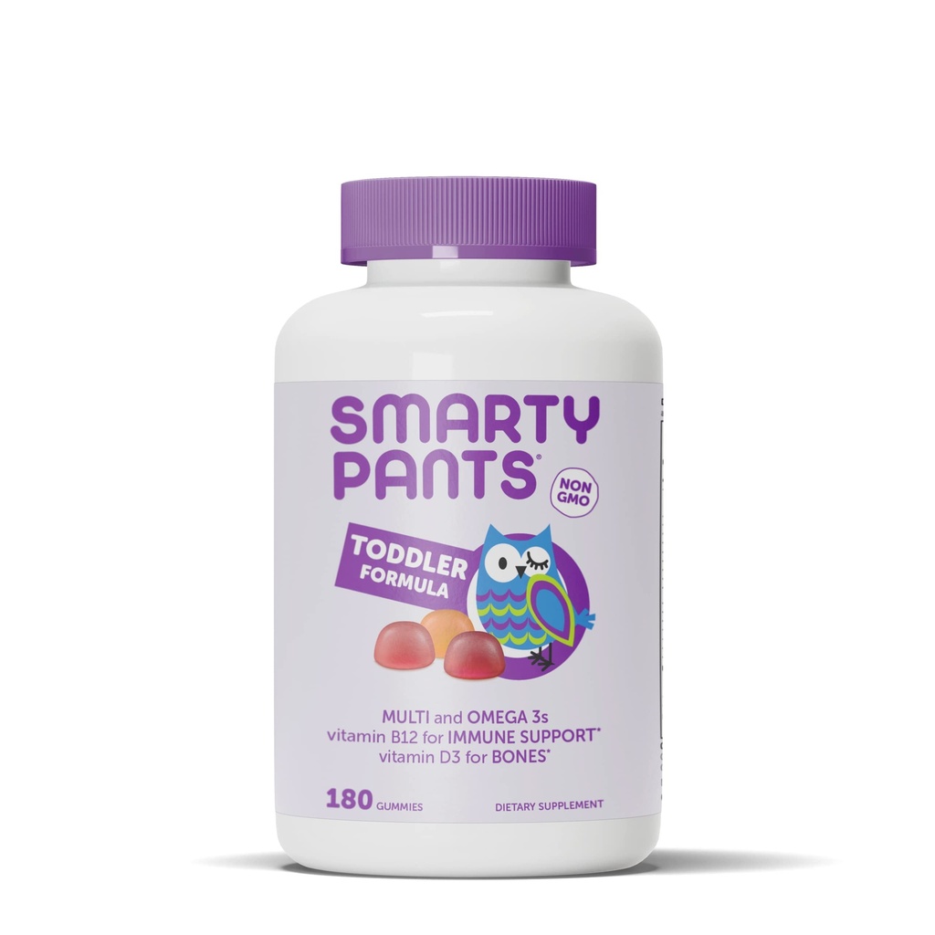 SmartyPants Toddler Multivitamine Gummies: Omega 3 Fish Oil (EPA/DHA), Vitamina D3, C, Vitamina B12, B6, A, K & Zinc, Biotina, Beta Caroten, Gluten Free, Trei arome de fructe, 180 Conte (60 Day Supply)