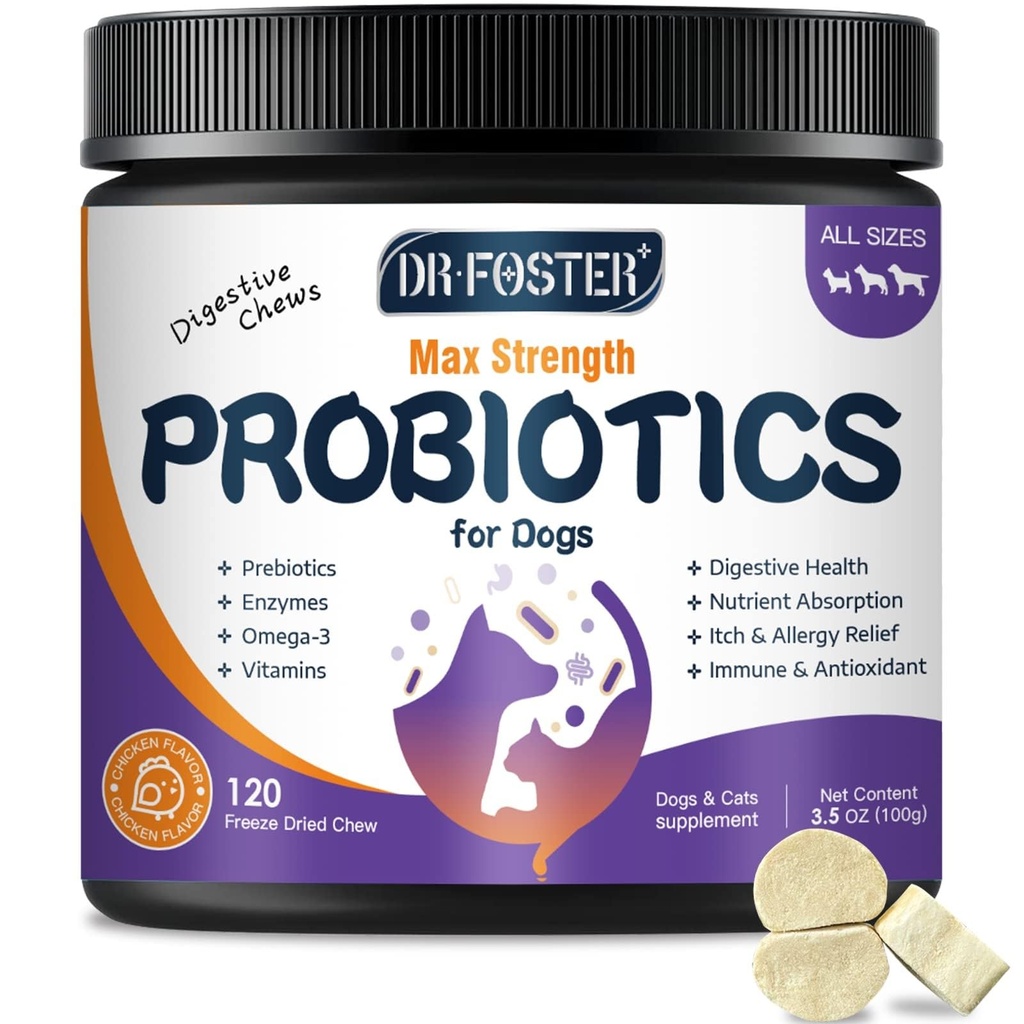 Probiotice pentru câini, Freeze-Dried Dog Probiotice și enzime digestive, Plus Omega-3 pentru Itchy Skin, 3-in-1 Prebiotice pentru Digestive Health, Dog Vitamine și Suplimente pentru Immune Health, 120 Bites