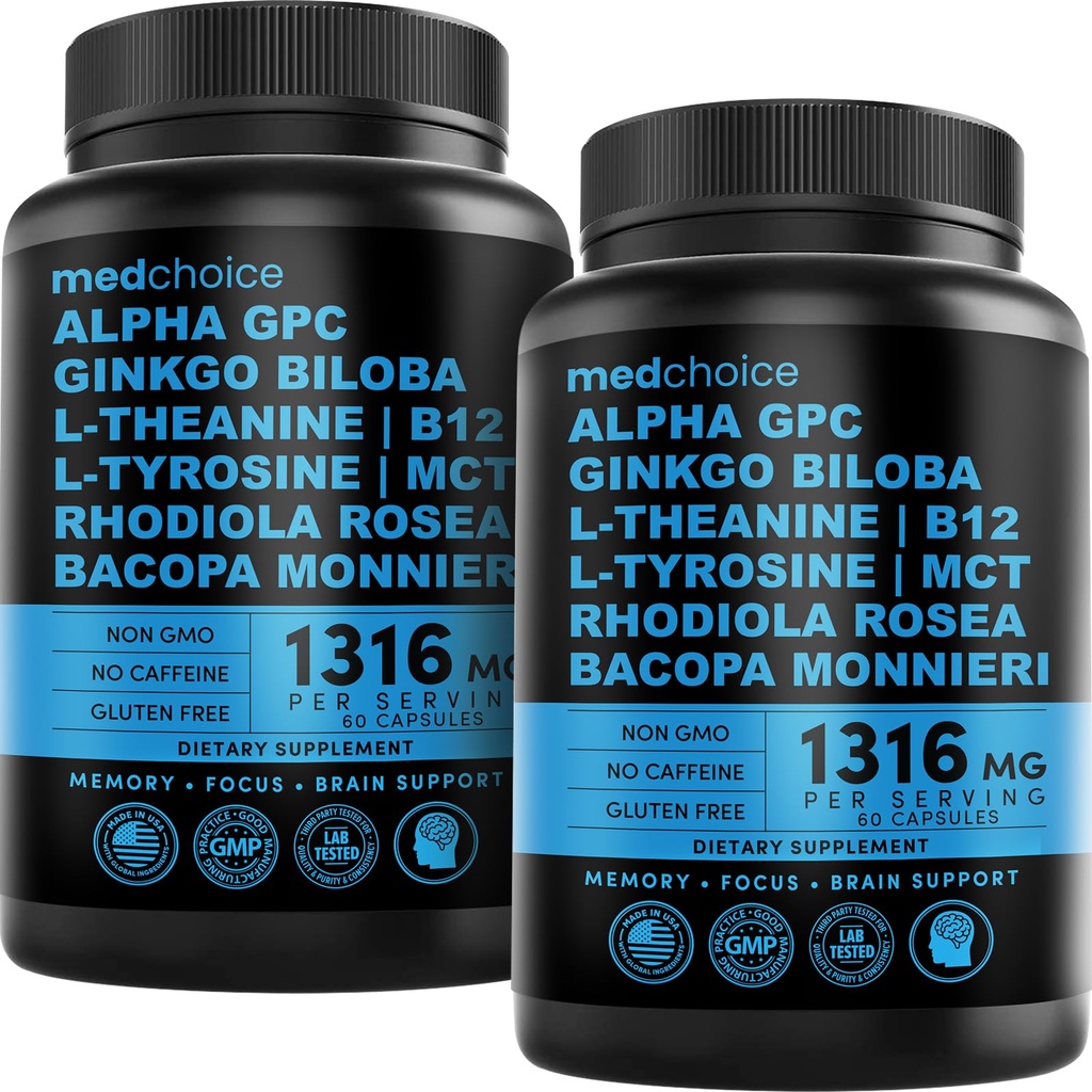 12-in-1 Nootropic Creier Supliment Anhidros: Ginkgo Biloba pentru Brain Support, Memorie și Focus - B12, Alpha GPC, L Theanin și suplimente coline cu Bioperine Non Cafeinated 1321mg (120ct)