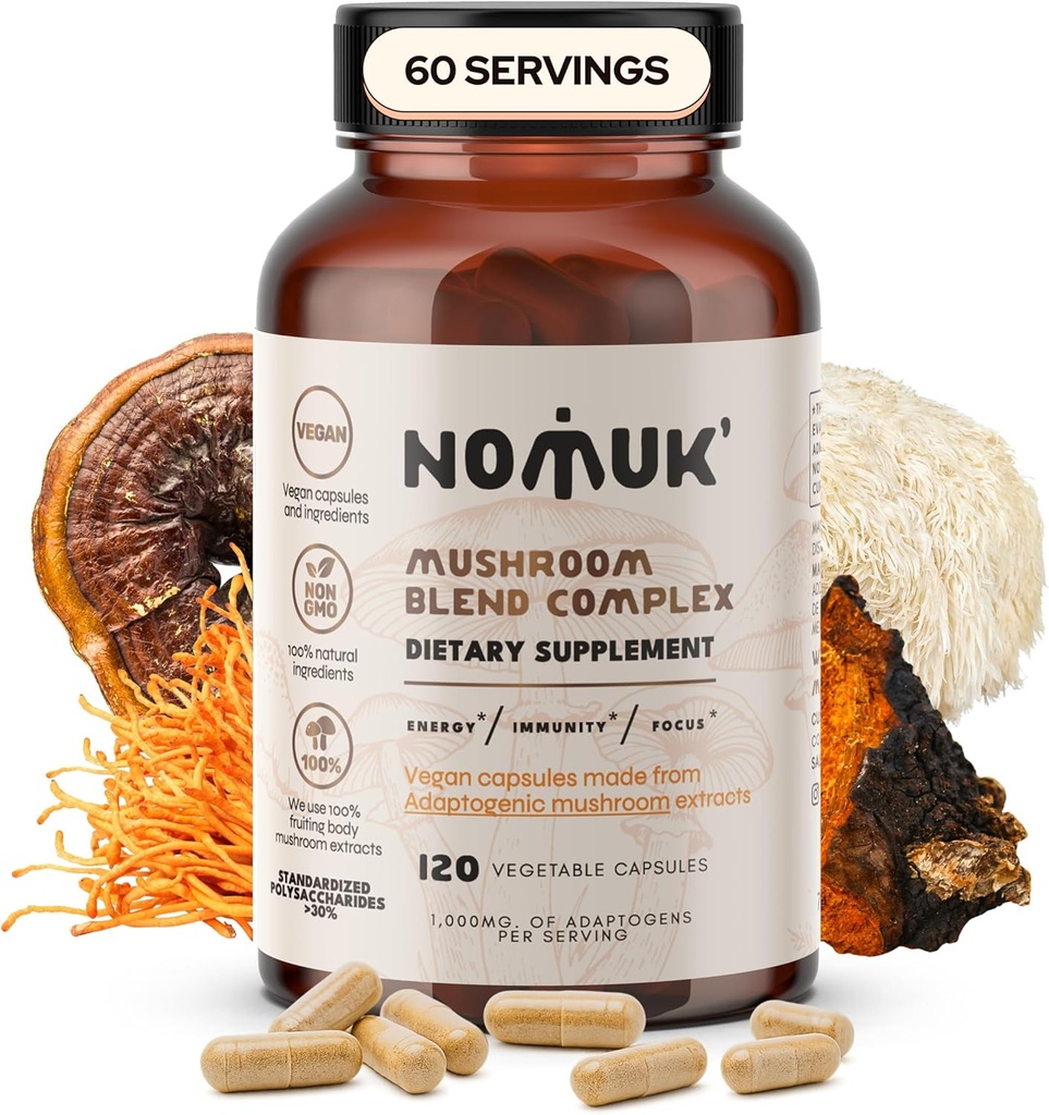 Adaptogene Extract de ciuperci Blend Lions Mane, Reishi, Cordyceps, Chaga Supliment, 120 capsule.