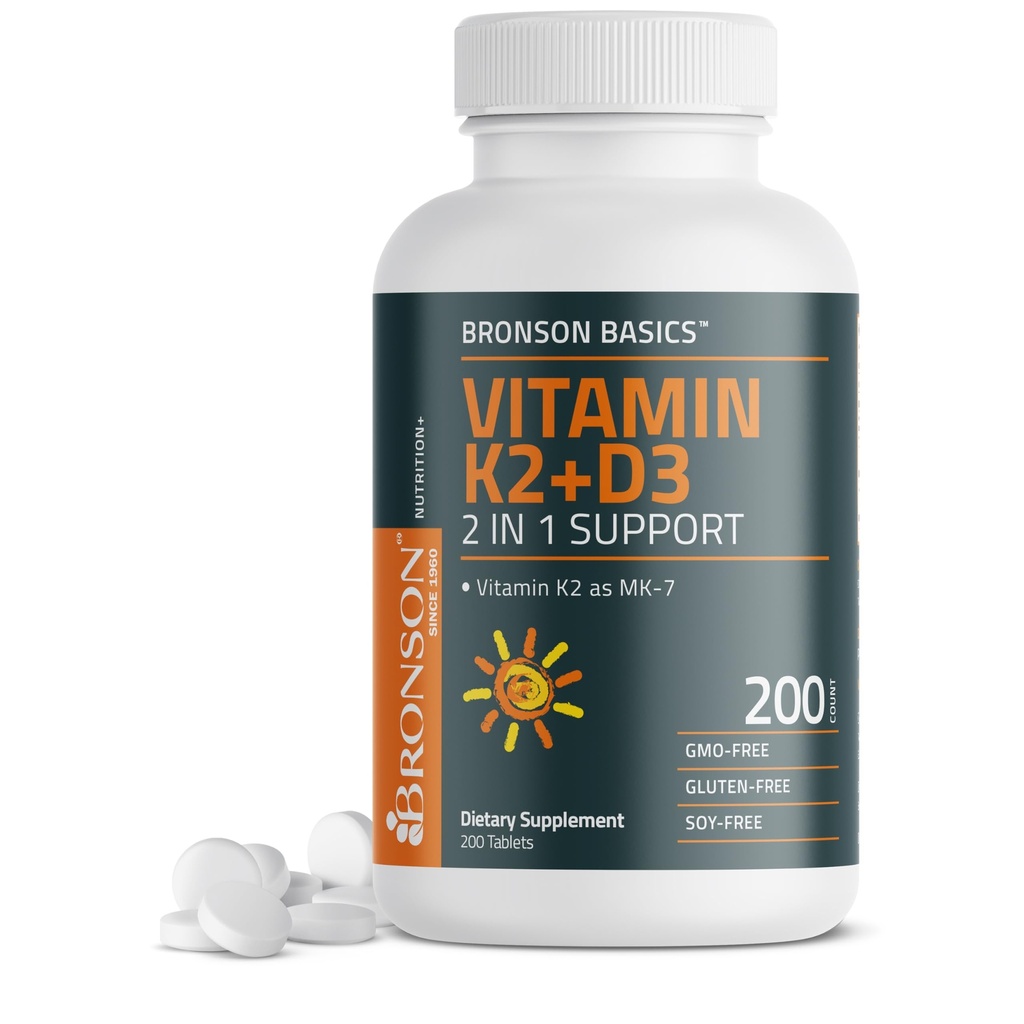 Vitamina Bronson K2 D3 (MK7) Suplimentul non-GMO Vitamina D3 5000UI (125 mcg) & 90 mcg K2 MK-7, ușor de înghițit D & K Complex, 200 comprimate