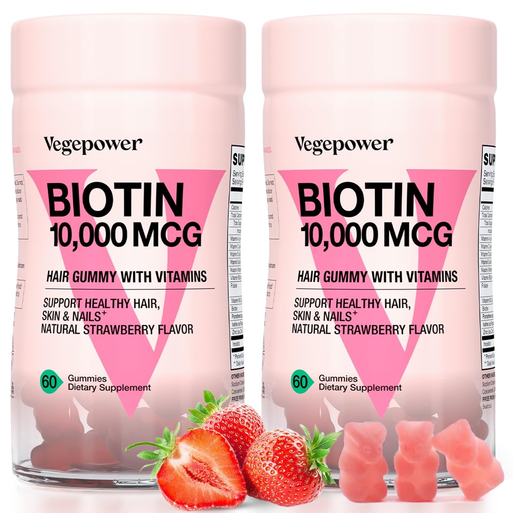 Biotin Gummies 10000mcg Suplimente - cu vitamina C, A, D, B-complex, Folate, Zinc pentru femei și fete- Vegan Biotin păr de creștere Gummy pentru păr sănătos și unghii, Non-GMO, căpșuni, 120 Urs
