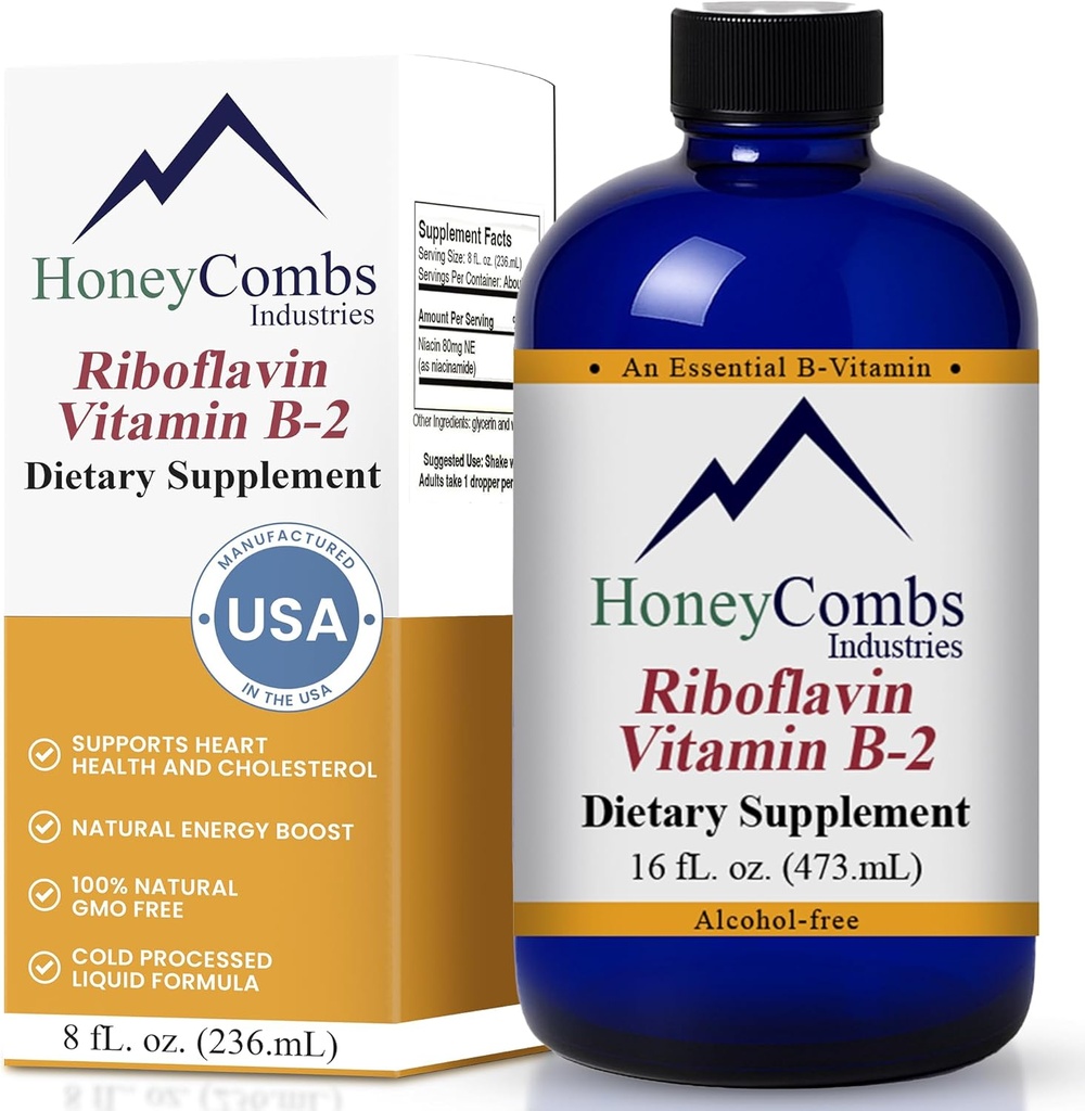 HoneyCombs Vitamina B2 Riboflavin Supliment Picături lichide - vitamina B2 de mare potenta pentru barbati si femei - Mentineti digestia sanatoasa, sistemul nervos, par, piele, unghii - vitamine lichide Vegane (16 Fl oz)