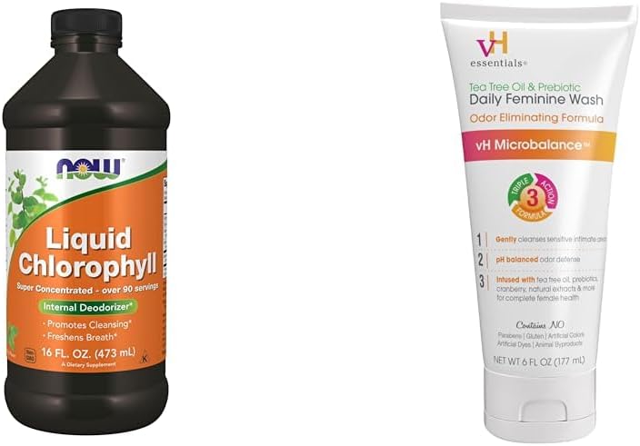 Acum Suplimente, Clorofila lichida, Super Concentrat, Deodorizator intern*,Boost Energy & vH Essentials, Ph Balanced Daily Feminine Wash, Ceaiul ulei & Prebiotic, 6, Fl Oz, (Pachet de 1)