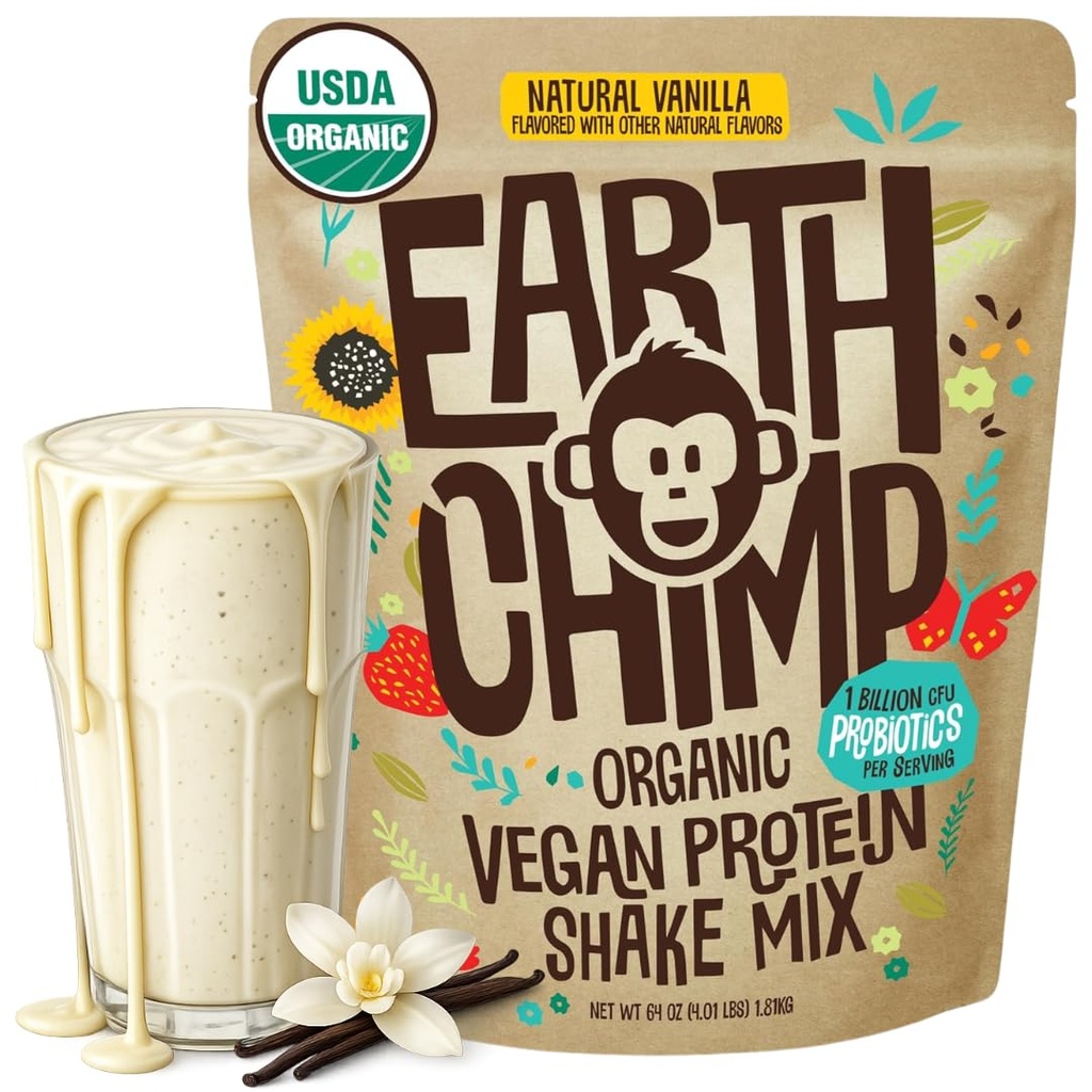EarthChimp Organic Vegan Proteina pulbere - cu Probiotice - non OMG-uri, lactate gratuit, non-Whey, Pe bază de plante proteine pulbere pentru femei și bărbați, Gluten gratuit - 52 Serviri 64 Oz (Vanilla)