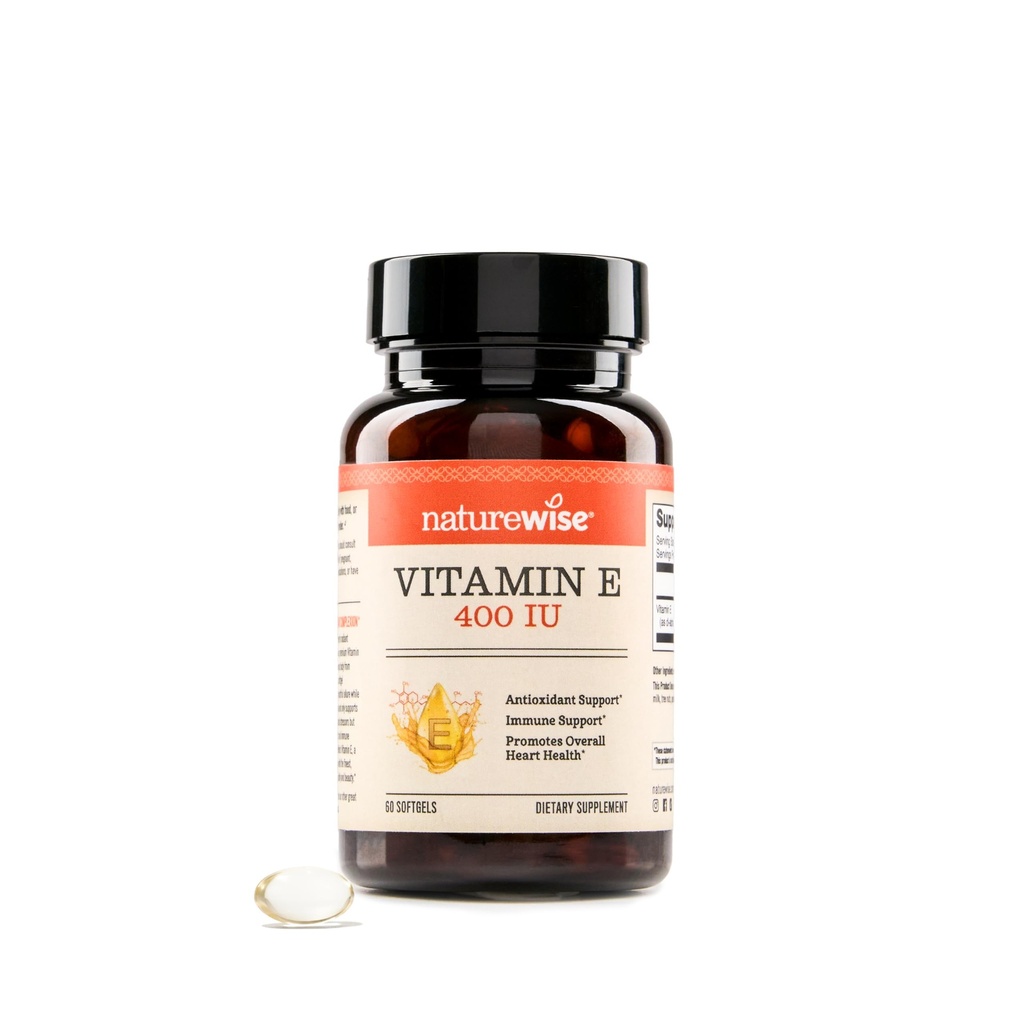 NatureWise Vitamina E 400 UI Softgels (180 mg DL-Alpha) - Dairy, Gluten, și Soy Free, non-GMO supliment alimentar antioxidant pentru piele, inimă, ochi, și suport de sănătate imună - aprovizionare 2-lună, 60 Conte