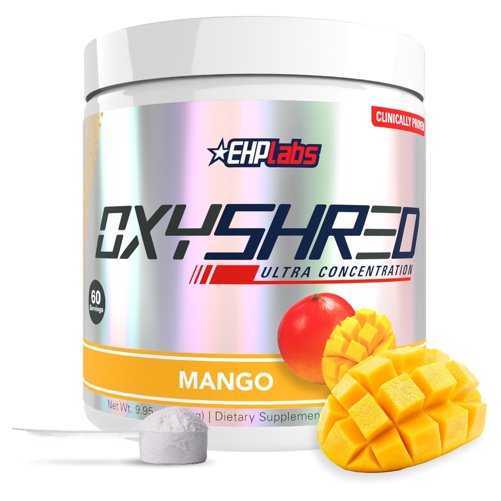 EHP Labs OxyShred Pre Workout pulbere - Preworkout pulbere cu L Glutamina si Acetil L Carnitina, Energetica Boost Drink - Mango, 60 Serviri