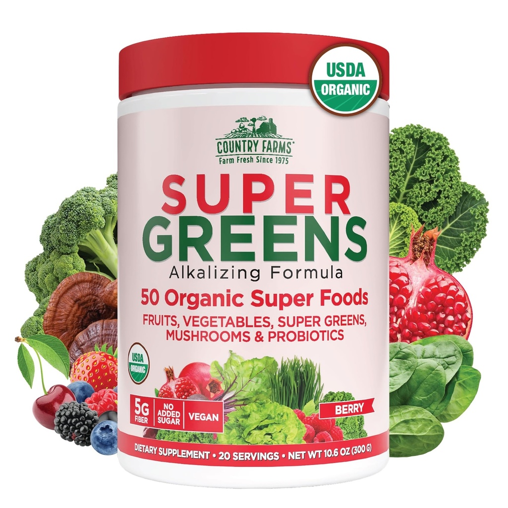 Ferme de ţară Ecologic Super Greens Berry Flavor, 50 Organic Super Foods, Packed with Fiber, USDA Organic Drink Mix, Fruits, Legume, Ciuperci & Probiotice, Suporturi Energie, 5g Fiber