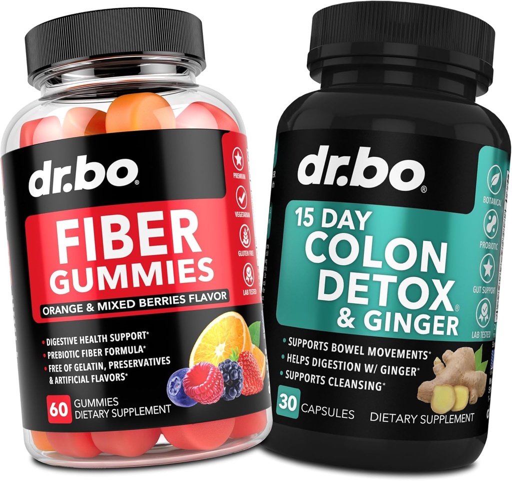 DR. BO Fiber Gummies Colon Cleanse & Ginger - Supplement prebiotic Gummy - Suport pentru mișcarea intestinului pentru curăţarea stomacului
