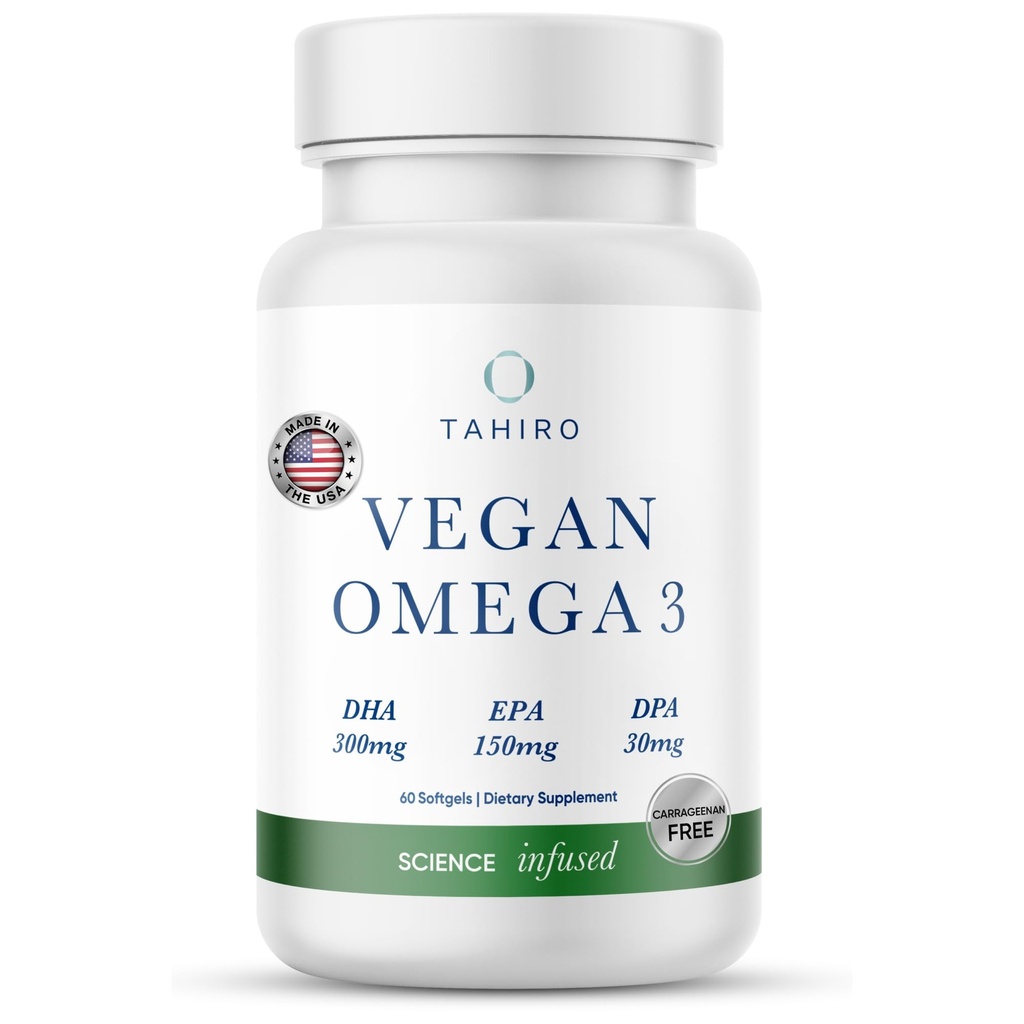 TAHIRO Vegan Omega-3 Softgels - Supliment pe bază de plante cu DPA, DHA & EPA - Nutrienți pentru bărbați, femei și femei gravide - Sprijină sănătatea creierului - Suplimente prenatale și articulare, 1000mg
