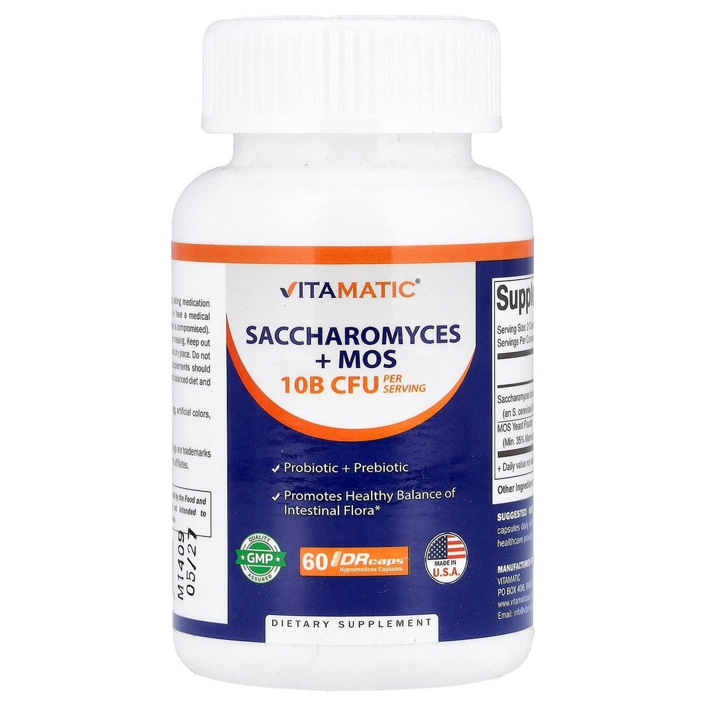 Vitamatic Saccharomyces Boulardii Probiotic 10B per Serving + Drojdie extract (MOS Drojdie Fraction) 300 mg - 60 DR Capsule - Made in the USA