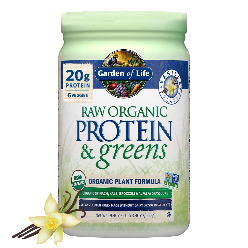 Gradina de viata Proteina organica bruta si verdeata Vanilie - praf de proteine Vegane pentru femei si barbati, plante si pea Proteine, Verzi si Probiotice, Gluten Free Low Carb Shake fara lactate 20 Serviri