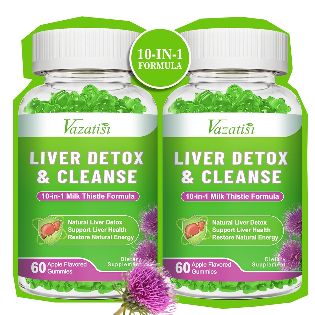 Ficat Cleanse Detox Repair Gummies, Gumies Milk Thistle cu Artichoke, Dandelion pentru suport hepatic, Vegan & Non-GMO, Gelatină-Free, Apple Flavor 120ct
