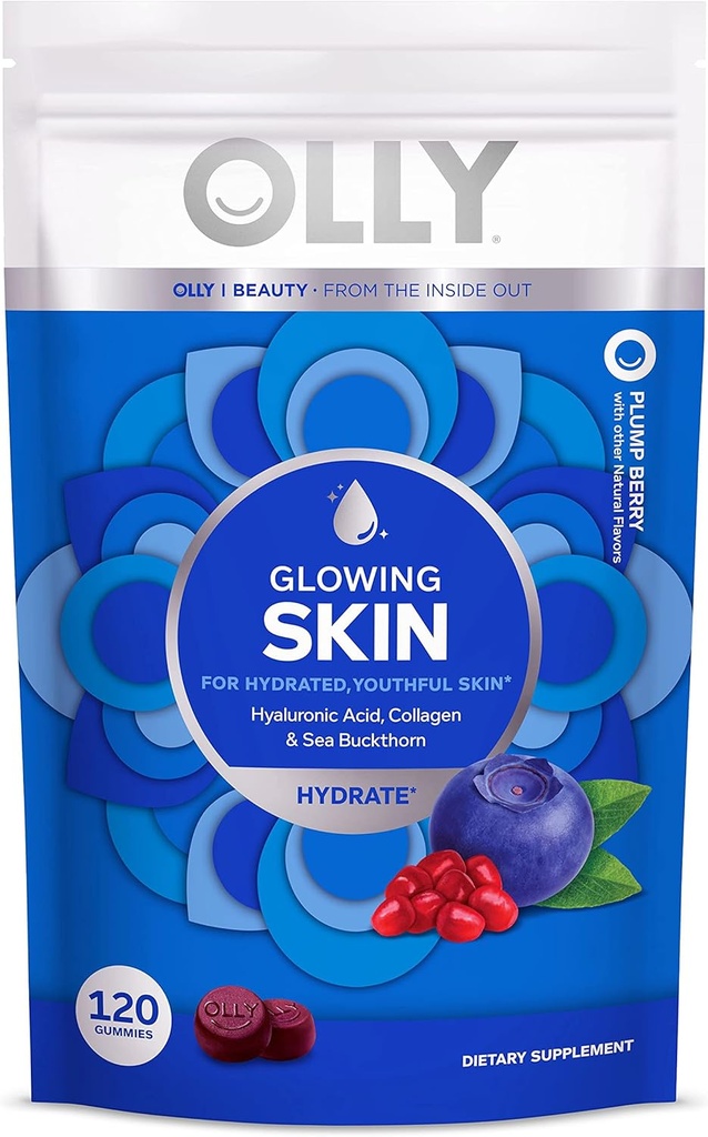 OLLY Glowing Skin Colagen Gummy, Hidratat, Tineret Skin, Acid hialuronic, Sea Buckthorn, Chembable Supplement, Berry, 60 Day Supply - 120 Conte Pouch (Pachet de 6)