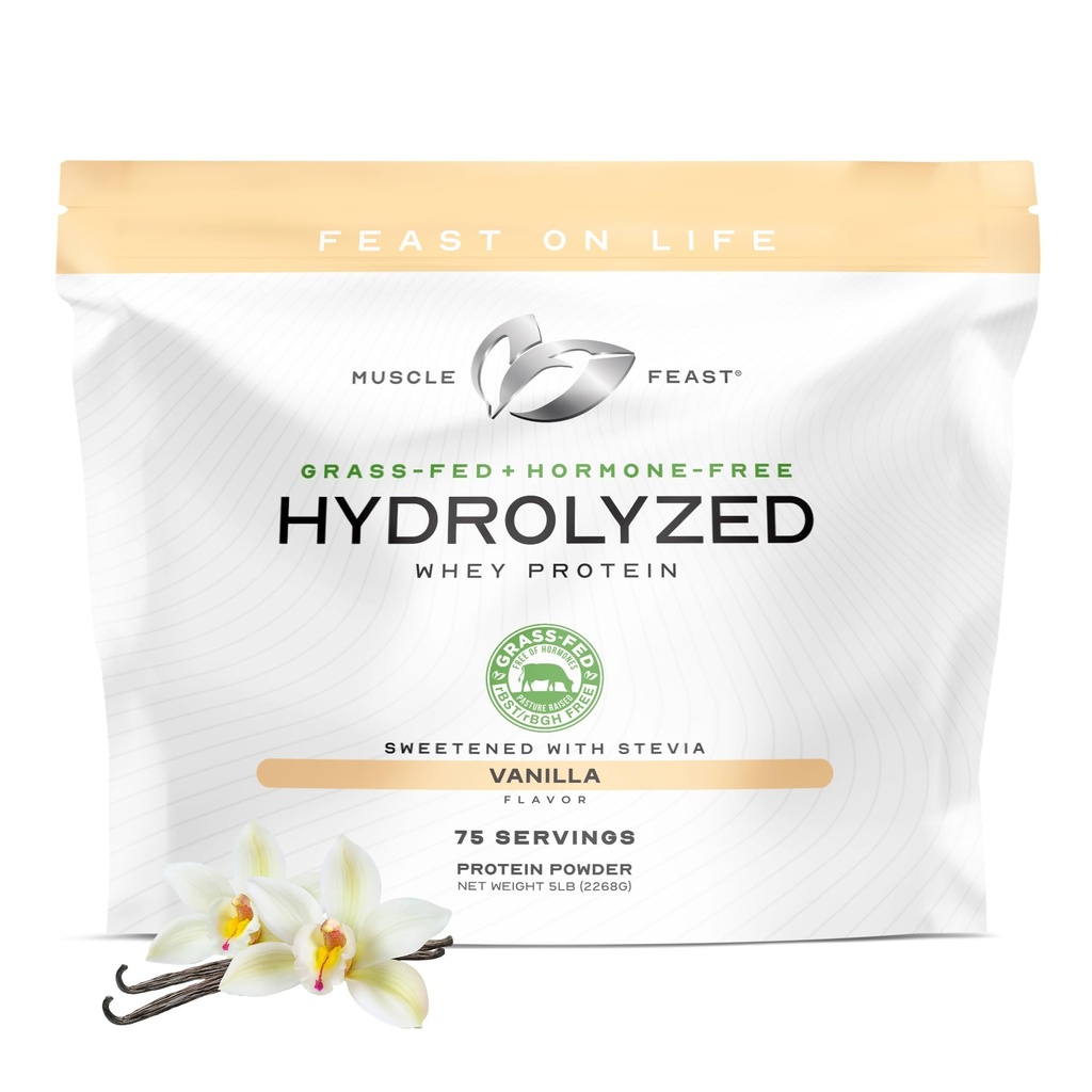 Muscle Feast Hidrolyzed Whey Proteine pulbere, Grass Fed și toate naturale Hormon-Free, Hydro Whey pulbere pentru bărbați și femei, Gluten gratuit, non-GMO, Delicious Hidrolyzed Proteine pulbere, Vanilie, 5lb