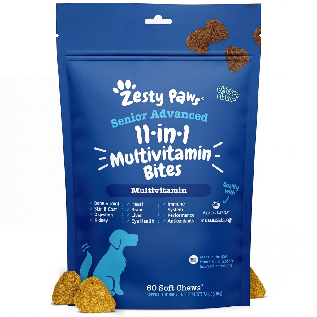 Zesty Paws Senior Dog Multivitamine Treats - Glucosamină pentru câini + enzime digestive și probiotice - Grain Free Dog Vitamine și suplimente pentru piele & Coat + Immune Health Chicken - Avansat - 60ct