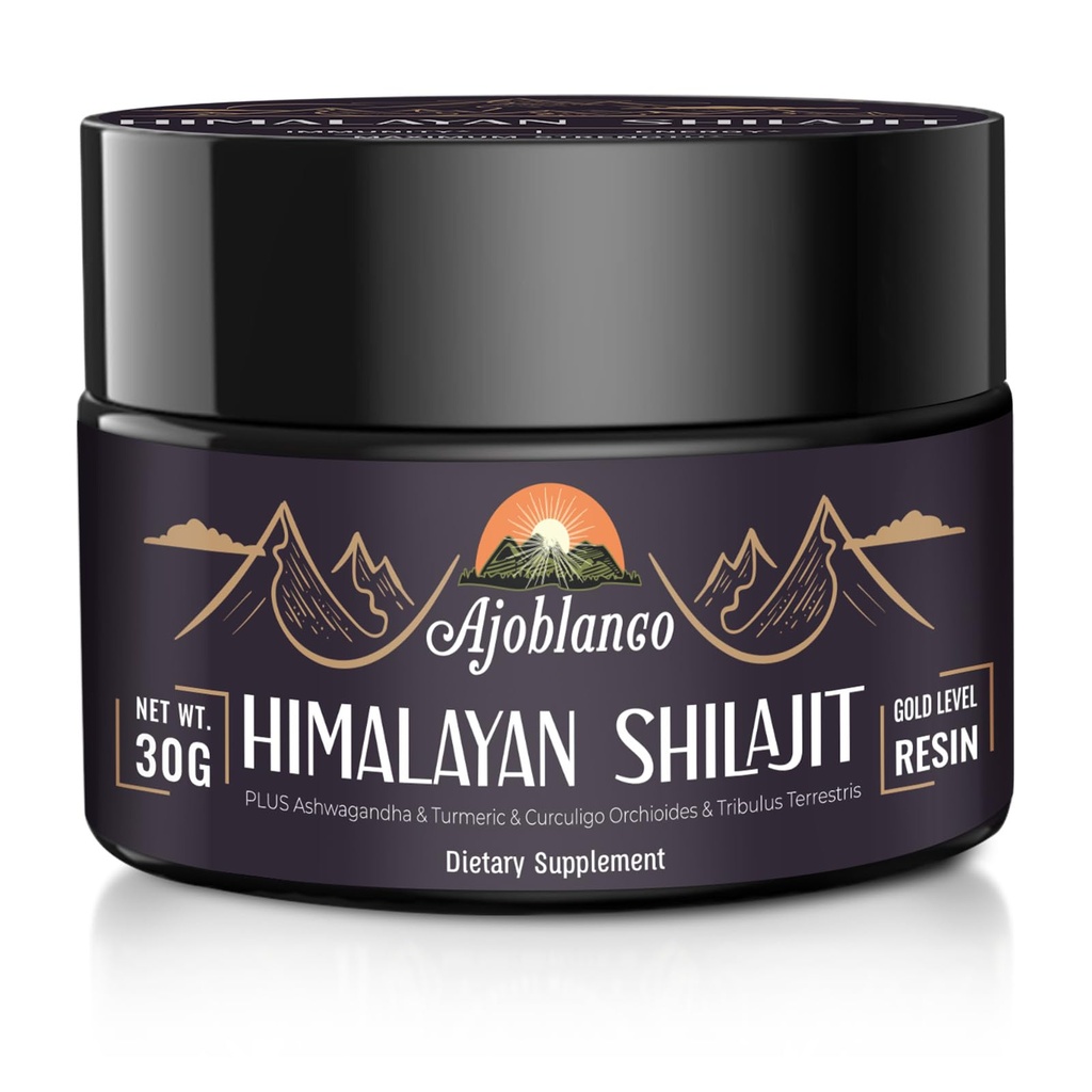 Ajoblanco 600mg Natural Himalayan Organic Shilajit Resin - Himalayan Gold Shilajit Resin cu Ayurvedic Blend organic în mare potenta pentru energie, Putere & Imunitate, Pachet de 1