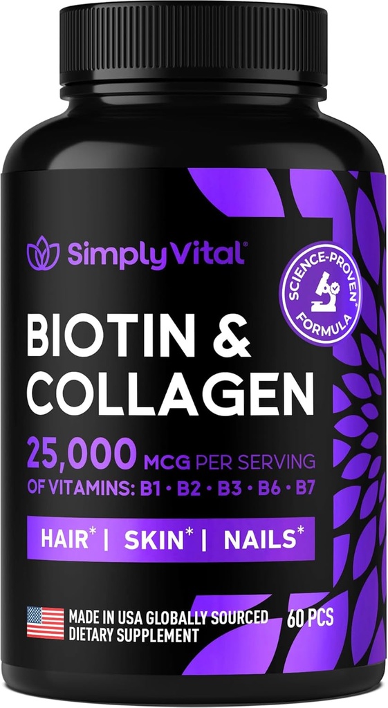 Biotina si Colagen Suplimente cu Keratina 25000 mcg - Hair Skin & Nails Vitamine cu Colagen Keratina B Complex - Made in USA - Biotina pentru cresterea parului Femeile si barbatii suporta pielea si unghiile, 60 capsule