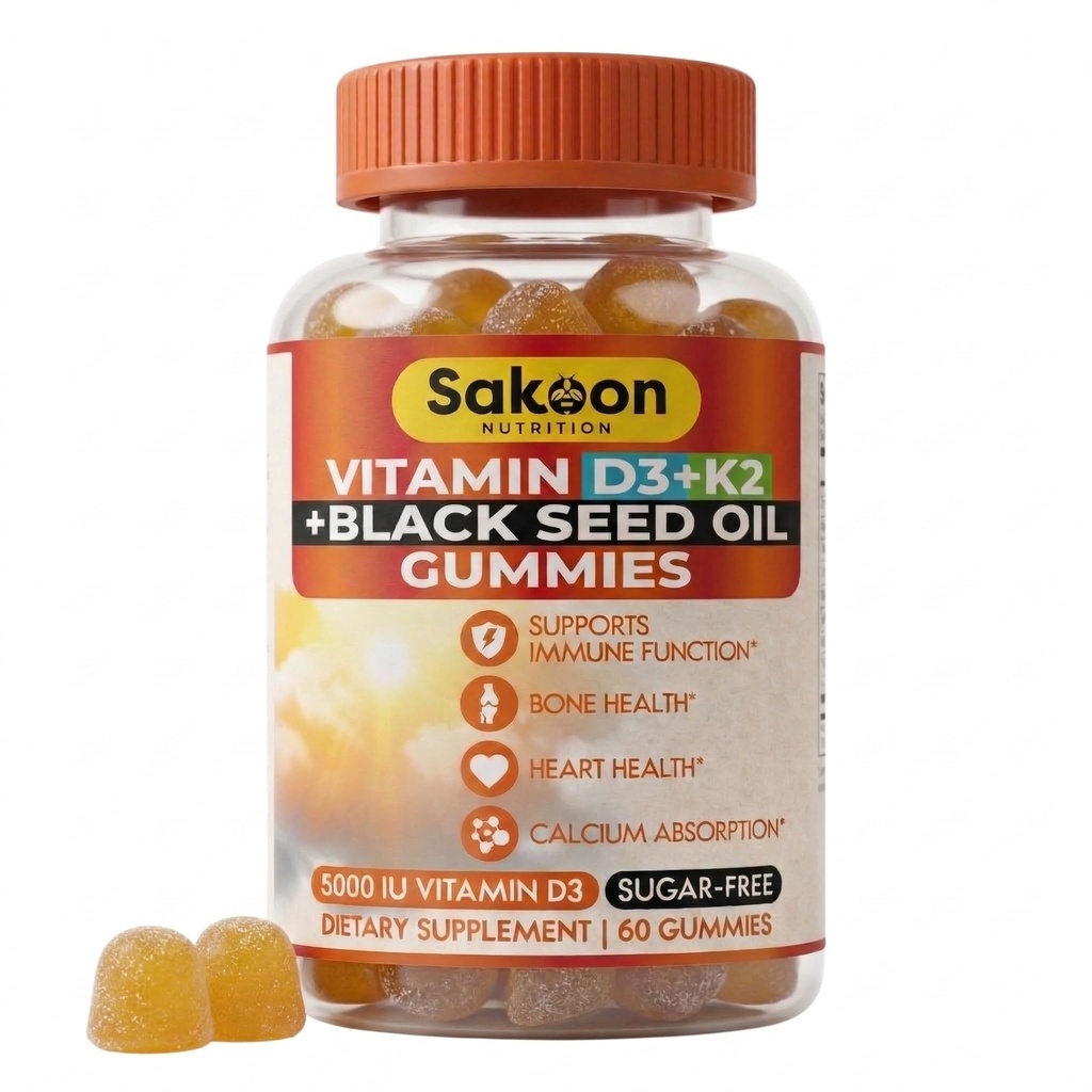 Sakoon nutriție 5000 UI vitamina D3 K2 Suplimentul de vitamine cu ulei de semințe negru pentru oase, dinți, mușchi, și suport de apărare imună, non-GMO și gluten gratuit, 60 Gummy Chewables