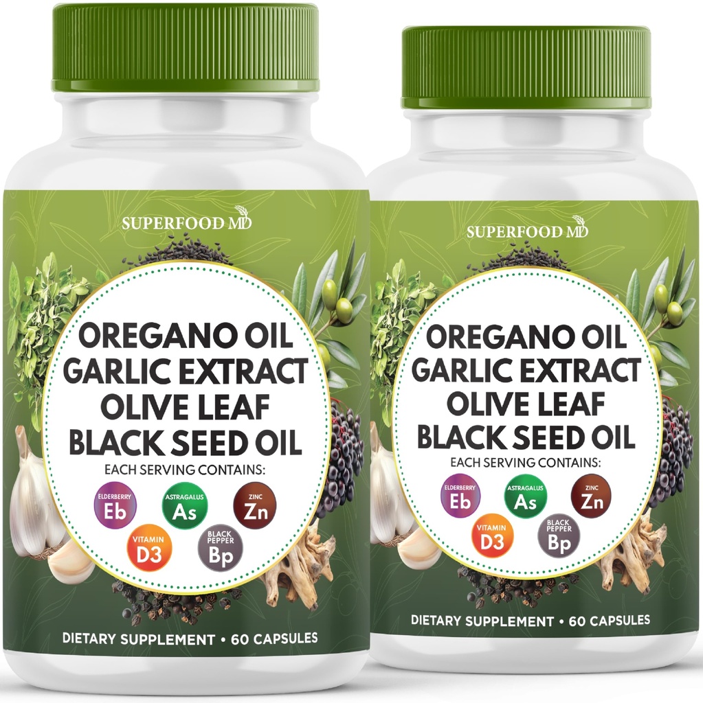 Ulei de oregano, extract de usturoi, frunze de masline, ulei de seminte negru, suport astragalus-Immune si supliment de sanatate digestiva pentru femei si barbati- 120 conte