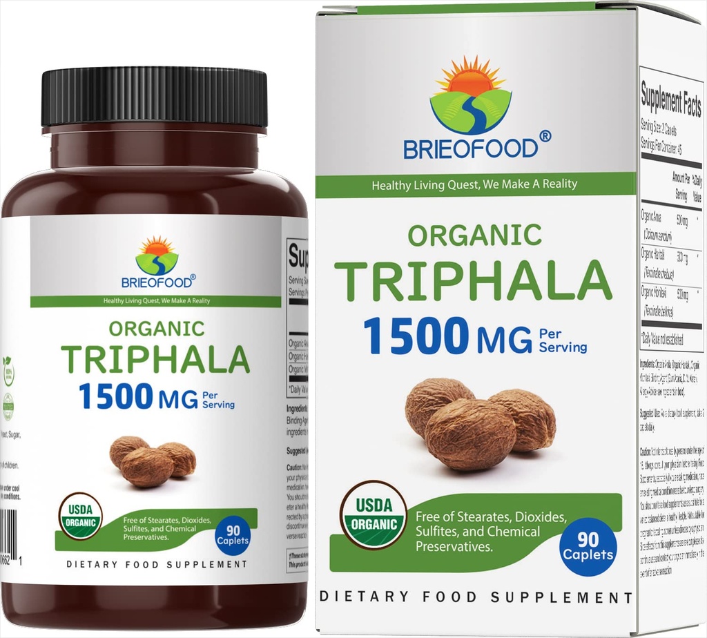 Brieofood Organic Triphala 1500mg, 45 Servings, vegetarian, Gluten Free, 90 Vegetarian Tablets