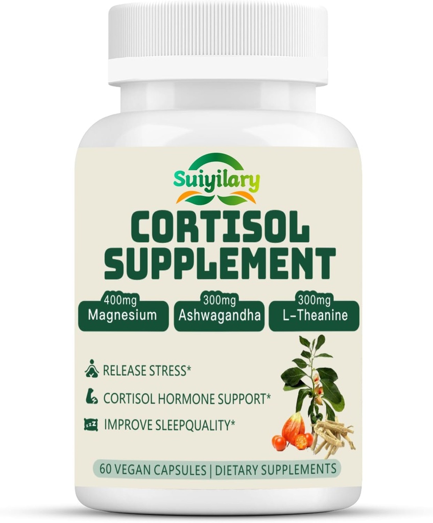 Cortisol Supliment pentru femei Bărbaţi, Echilibrul hormonilor, Magneziu, Ashwagandha, Rhodiola, L-Theanină, Vitamina B6 & B12, Mood, Focus, Sleep Support, Vegan 60 Capsule