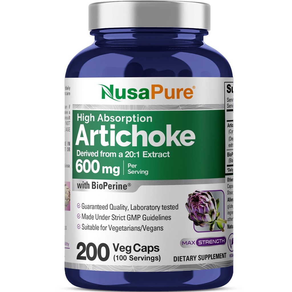 NusaPure Artichoke 20:1 Extract, 600 mg echivalent cu 12,000 mg 200 Veggie caps (non-GMO, Gluten Free)